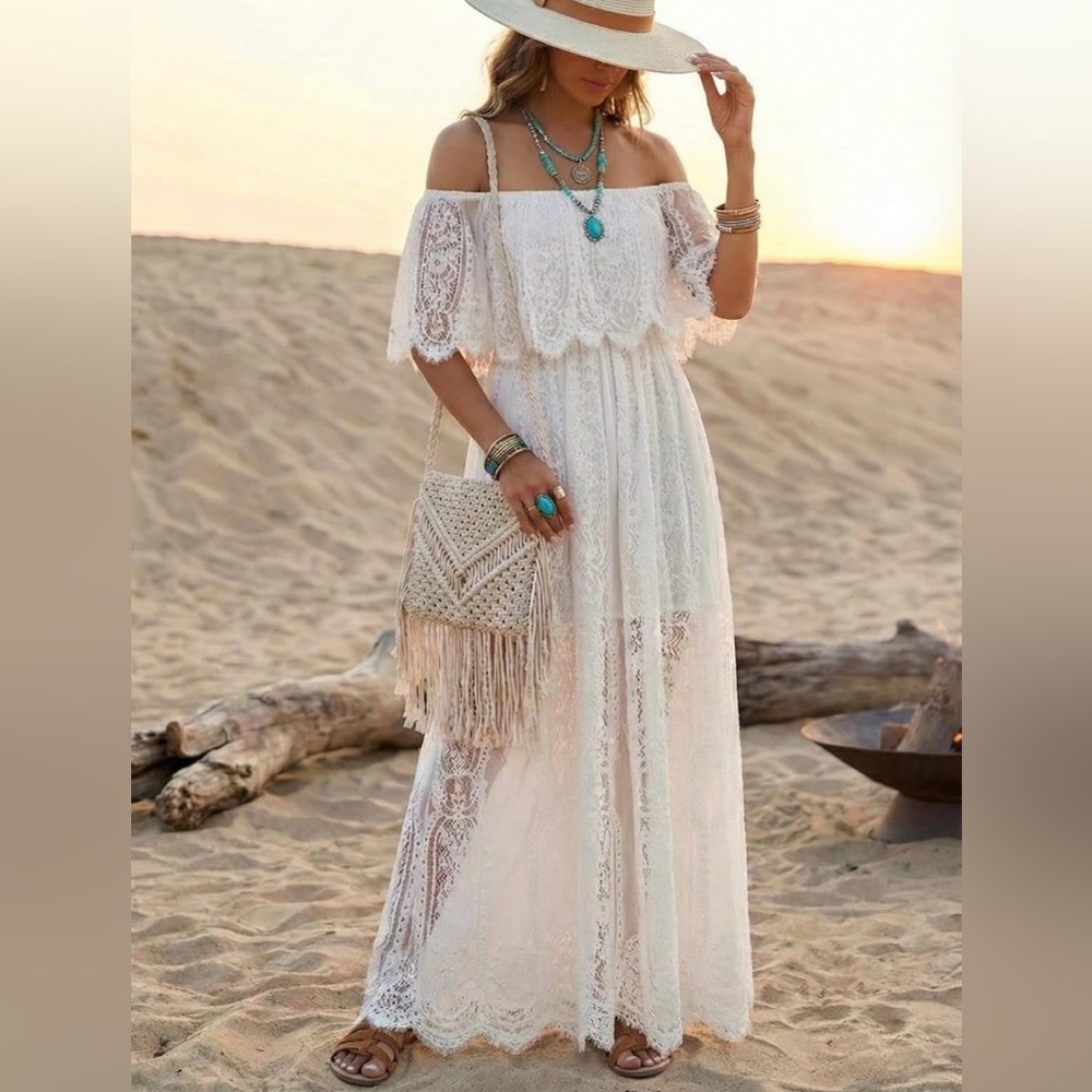 Elegant White Lace Maxi Dress – Off Shoulder Boho Bridal | NWT | Medium
